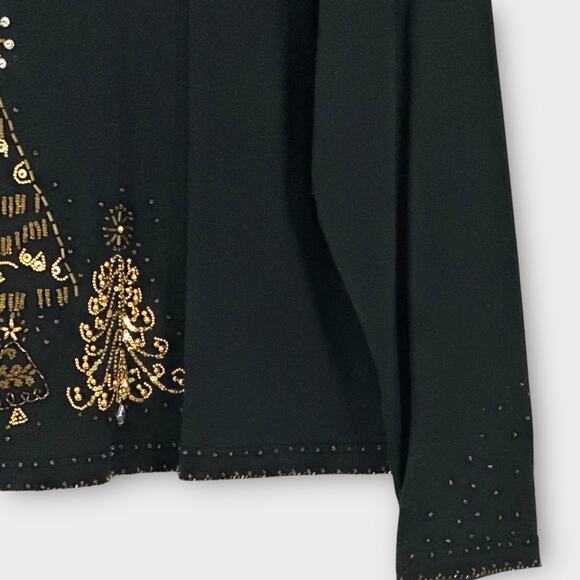 Jack B Quick Holiday Christmas Trees Sweater Top Black Gold Embellished Size XL - Picture 7 of 9
